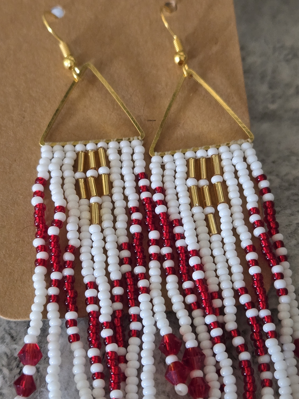 Handmade Gold Beaded Fringe Earrings with Red Holographic Hearts - Picture 3 of 5